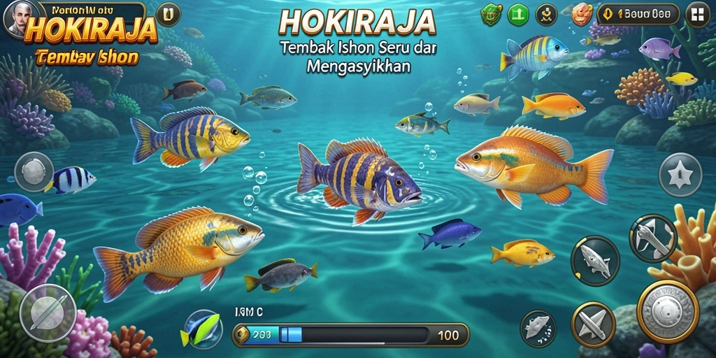 Screenshot HOKIRAJA menampilkan aksi seru dalam memburu ikan.