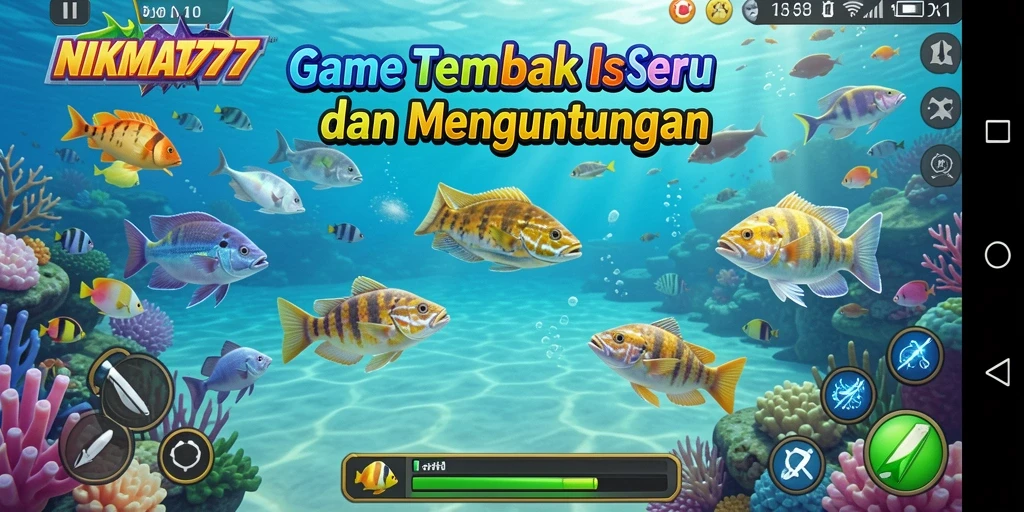Tampilan gameplay NIKMAT777 dengan berbagai ikan dan senjata.