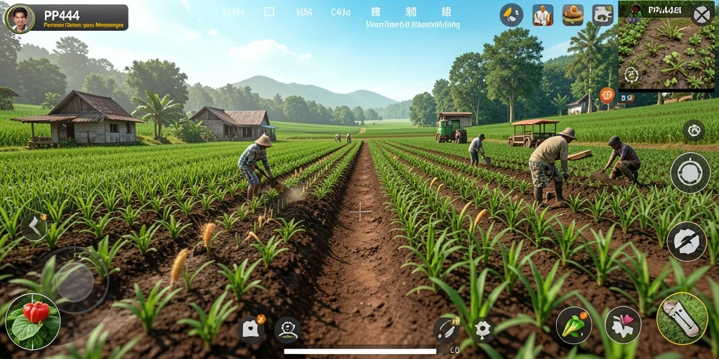 Gameplay seru dalam PP444 yang menunjukkan pertanian yang aktif.