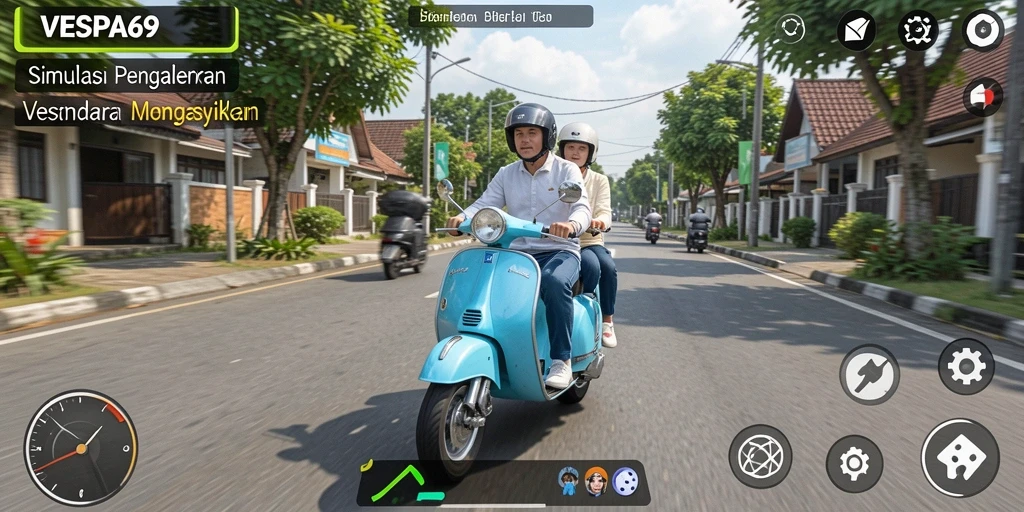 Screenshot gameplay VESPA69 menampilkan berkendara Vespa di jalanan indah.