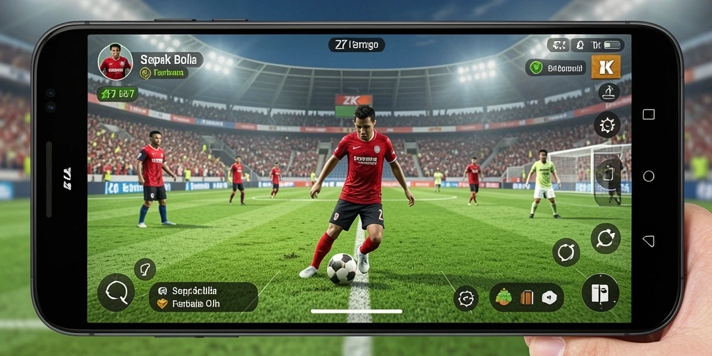 Screenshot ZK7 menampilkan aksi menyerang yang mendebarkan di lapangan sepak bola.